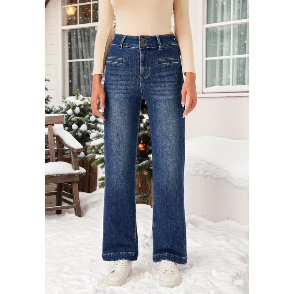 Women's Fleece Lined Jeans Large Wide Straight High Waist Winter Denim - Picture 4 of 6